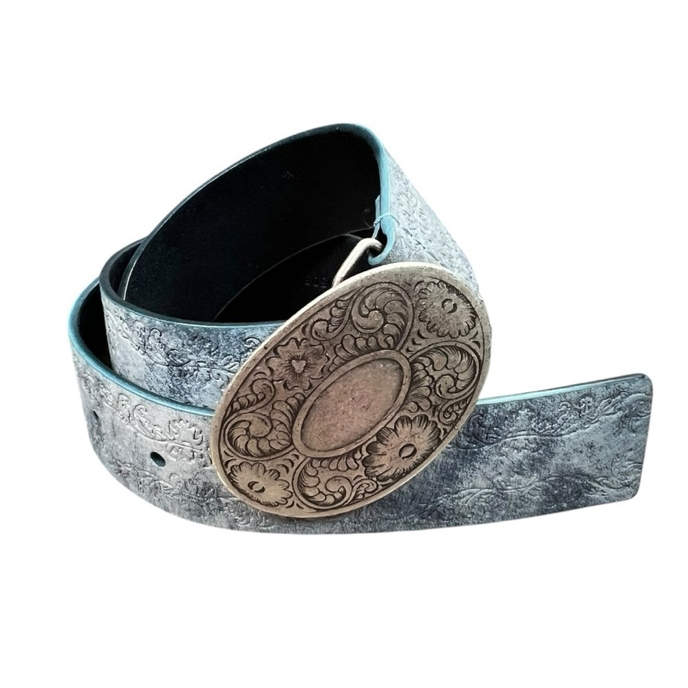 Vintage Y2K Guess Blue Leather Belt With Floral Buckle Length Of 38”